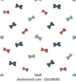 Seamless pattern with red, green and blue bow-tie. Decorative vector art for decorating greeting cards, banners or ads for wedding, birthday, Valentines day, new year, Christmas or other holidays.