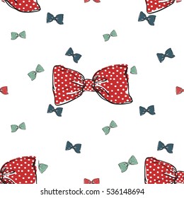Seamless pattern with red, green and blue tie-bow. Decorative vector art for decorating greeting cards, banners or ads for wedding, birthday, Valentines day, new year, Christmas or other holidays.