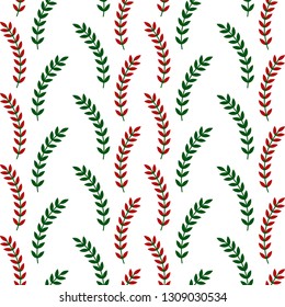 Seamless pattern with red and green botanical leaves