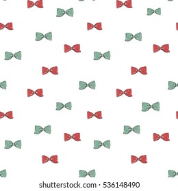 Seamless pattern with red and green bow-tie. Decorative vector art for decorating greeting cards, banners or ads for wedding, birthday, Valentines day, new year, Christmas or other holidays.