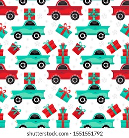 Seamless pattern red and green cars carries gifts in vector. Christmas and new year background. Cartoon toy car. Flat design vector festive holiday design element. Christmas shopping. Transport.