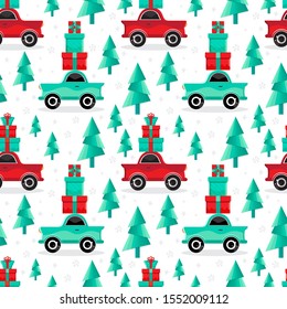 Seamless pattern red and green cars carries gifts in vector. Christmas and new year background. Cartoon toy car. Flat design vector festive holiday design element. Christmas shopping. Transport.