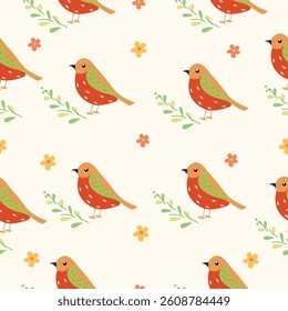 Seamless pattern with red and green cartoon birds with dotted details, placed on a cream background with decorative flowers and branches. Gentle and charming.