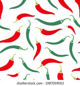 Seamless pattern with red, green chili pepper. Fresh vegetables isolated on a white background. Illustration for design, web, wrapping paper, fabric, wallpaper.