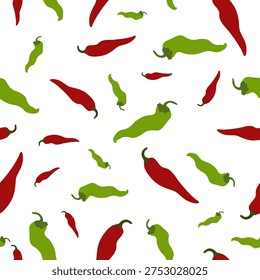 Seamless pattern with red and green chili peppers on a white background. Flat design hot peppers. Chili wallpaper.