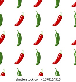 Seamless pattern with red and green chilli pepper. Fresh vegetables isolated on white background. Cartoon style. Vector illustration for design, web, wrapping paper, fabric, wallpaper.
