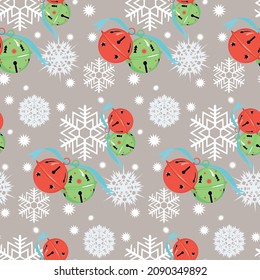 Patrón sin foco de campanas de Navidad rojas y verdes y copos de nieve