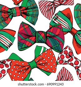 Seamless pattern with a red and green Christmas bow tie. Vector illustration.