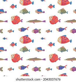 Seamless pattern with red and green fish on a white background. Vector art with flounder and eel in a minimalistic flat style, hand drawing. Kitchen print for textiles, print design, postcards.
