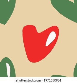 Seamless pattern. Red and green hearts on beige background. Vector