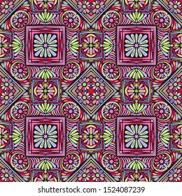 Seamless pattern. Red, green, pink, blue gray, black. Texture for fabrics, walls and other design.