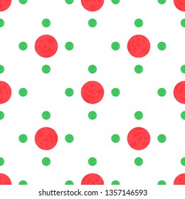 Seamless pattern with red and green polka dots on transparent background. Watercolor. Symmetrical placement. Vector image. Eps 8