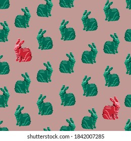 Seamless pattern with the red and green rabbits in the pink background