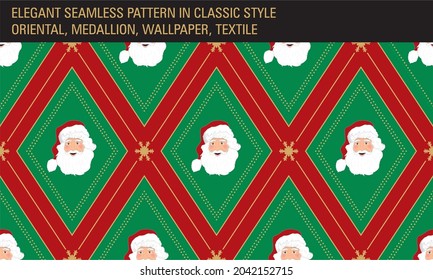 Patrón sin foco en rojo y verde con Santa Claus y copos de nieve. Ilustración vectorial.