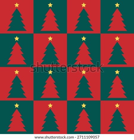 Seamless pattern of red and green squares with Christmas trees background