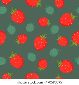 Seamless pattern with red and green strawberry on dark green background