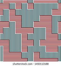 Seamless pattern with red and green stripes. Repeated geometric pattern with intersecting stripes. The proportion between foreground and background is 50%:50%.
