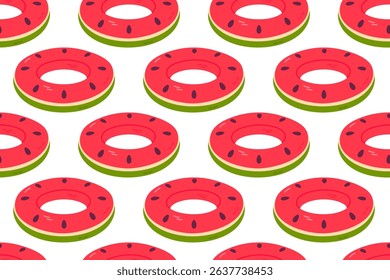Seamless pattern with red and green watermelon-shaped pool floats on white background, perfect for summer packaging, fabric, or kids' products