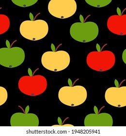 Seamless pattern. Red, green, yellow apples. Black background. Vegan or vegetarian. Healthy lifestyle. Nature and ecology. Agriculture and gardening. Post cards, wallpaper, textile, wrapping paper