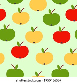 Nahtloses Muster. Rote, grüne, gelbe Äpfel. Grüner Hintergrund. Veganer oder Vegetarier. Gesunder Lebensstil. Natur und Ökologie. Landwirtschaft und Gartenbau. Postkarten, Tapeten, Textilien, Packpapier