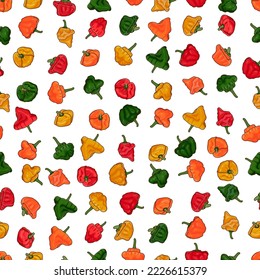 Seamless pattern with red, green, yellow, and orange scotch bonnet peppers. Capsicum chinense. Hot chili pepper. Vegetables. Vector illustration isolated on white background. Cartoon style.