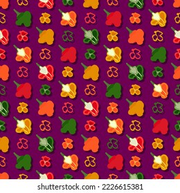 Seamless pattern with red, green, yellow, and orange scotch bonnet peppers. Capsicum chinense. Hot chili pepper. Vegetables. Vector illustration isolated on purple background. Flat style.