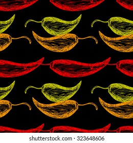 Seamless pattern with red, green and yellow peppers. Vector illustration.