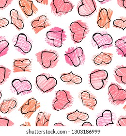 Seamless pattern with red hand drawn hearts. Vector illustration