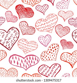 Seamless pattern with red hand drawn hearts. Vector illustration