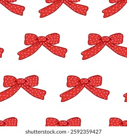 Seamless pattern with red hand drawn bows with dots. Vector background in coquette retro aesthetic with ribbons. Fashionable clipart for holidays, valentines day, birthday, etc