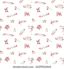 Seamless pattern with red hand drawn spices anise seeds and hand lettering on white background for kitchen and packaging