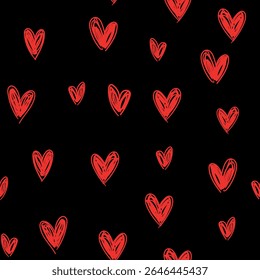 Seamless pattern with red hand drawn hearts on black background vector romantic design for Valentine’s Day