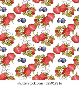 Seamless pattern with red hand drawn blueberry, strawberries with kernels, leaves, stalk, flowers and tendrils. Berries for wrapping paper, textile, cover and packaging design