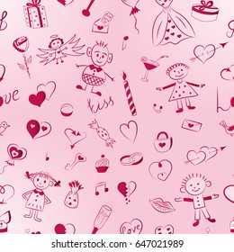 Seamless Pattern of Red Hand Drawn Set of Valentine's Day Symbols. Children's Cute Drawings of Hearts, Gifts, Rings, Balloons and Kids. Sketch Style. Vector Illustration.