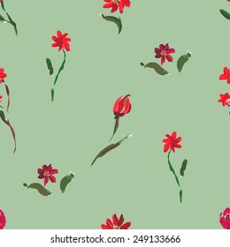 Seamless pattern with red Hand Painted flowers and Leaves ob green background. Watercolor Sketchy illustration. Good For Web, Print, Wrapping paper.