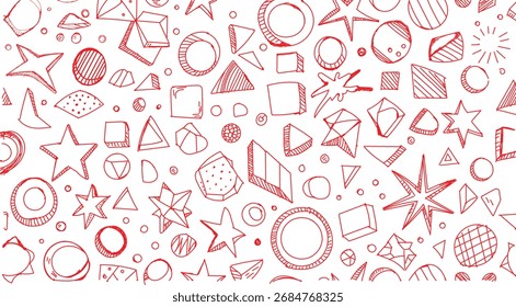 Seamless pattern of red handdrawn geometric shapes and stars featuring sketch, doodle, abstract design, ornament, texture, tile, and outline on white background.