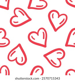 Seamless pattern with red hand-drawn hearts on white background in doodle style