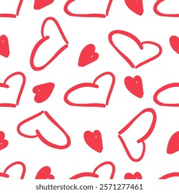 Seamless pattern with red hand-drawn hearts on white background