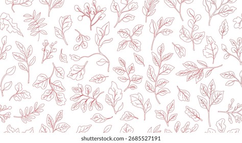 Seamless pattern of red handdrawn leaves and branches featuring botanical foliage, floral sketch, organic texture, minimalist nature design on white background.