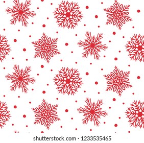 Seamless pattern with red hand-drawn snowflakes. Simple vector illustration on white background