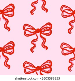 Seamless pattern of red hand-drawn whimsical playful ribbon bows on pink background. Cute repeating design. Vector illustration in coquette aesthetic.