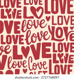 Nahtloses Muster aus rotem, handgeschriebenem "Love"-Text und handgezeichneten Herzen auf cremefarbenem Hintergrund, romantische Vektorgrafik zum Valentinstag.
