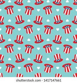 Seamless pattern with red hats and hearts for Independence day 