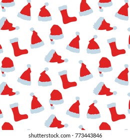 Seamless pattern with Red hats of Santa Claus. Vector illustration.