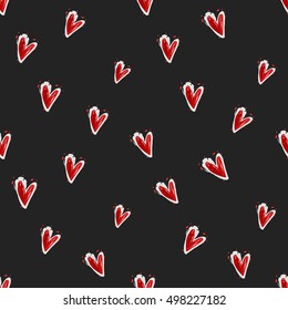 Seamless pattern with red heart. Decorative design for eco forest wedding or autumn celebrations. Rustic symbols and elements on black chalkboard.