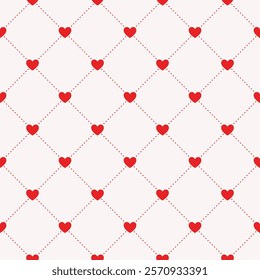 Seamless pattern with red heart and dotted line rhombus for Valentine’s Day backdrop, card, banner, wallpaper, wrapping, print. Vector illustration.