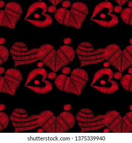 Seamless pattern with red heart embroidery stitches imitation on the black background. Vector embroidery seamless with love symbol for card, invitation, posters, texture backgrounds, placards, banners