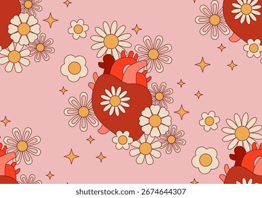 Seamless pattern with Red heart and flowers design. Health care concept vector illustration. Love