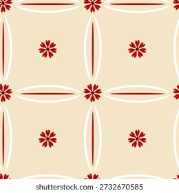 Seamless pattern with red heart flowers and geometric shapes on beige background. Folk art style.