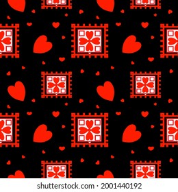 Seamless pattern with red heart and geometric on black blackground .Design for fabric, gift wrapping paper, backdrop for valentine day.